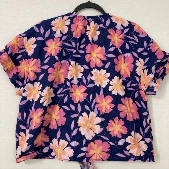 Charter Club Navy Pink Floral 100% Linen Tie Front Short Sleeve Button Down XL - Picture 9 of 10
